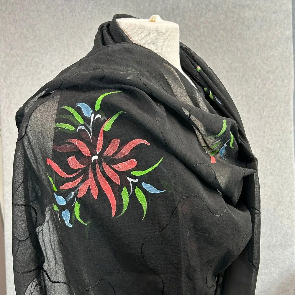 Black‎ Hand Painted Unbranded Scarf Floral Sheer Chiffon Fringe Wrap 70
